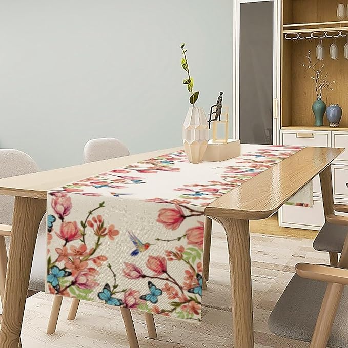 Spring Floral Bird Table Runner, Watercolor Pink Flower Plants Nature Butterfly Table Runner for Kitchen Dinner Living Room Home Party, 13x60 Inch