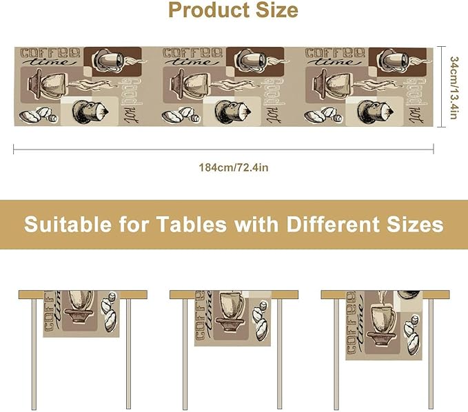 Coffee Table Runner,Vintage Style Coffee Cup Bean Abstract Theme Pattern Print Tablecloth Burlap for Hotel Indoors Outdoor Dining Room Kitchen Table Decor, 13x80in