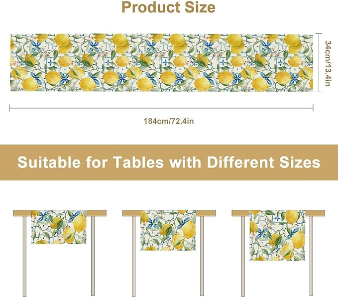 Lemon Table Runner,Watercolor Fruit Green Leaves Spring Summer Table Cloth Kitchen Dining Table Home Party Decoration 13x72 Inch
