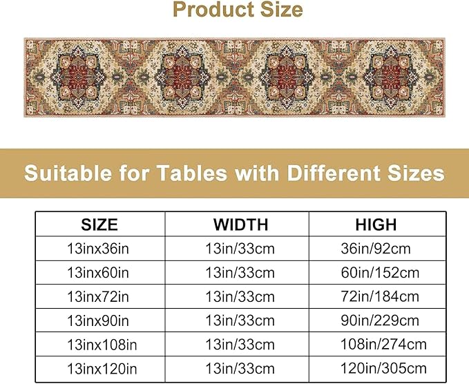 Boho Bohemia Style Table Runner, Vintage Yellow Brown Retro Flower Rustic Country Style Floral Print Pattern for Home Kitchen Table Decor Dining Coffee Room Garden Party Decor 13x120in