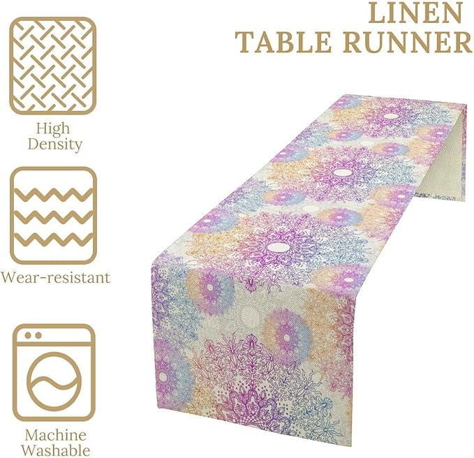 Oriental Mandala Table Runner, Traditional Bohemian Gradiently Purple Pink Blue Mandala Flower Table Runner for Farmhouse Cottage Kitchen Dining Table Decor, 13x36inch