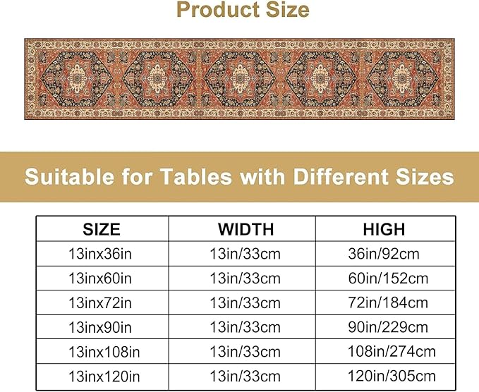 Vintage Boho Floral Table Runner, Rustic Country Farmhouse Orange Black Retro Flower Pattern for Home Kitchen Table Decor Dining Coffee Room Party Decor 13x72in