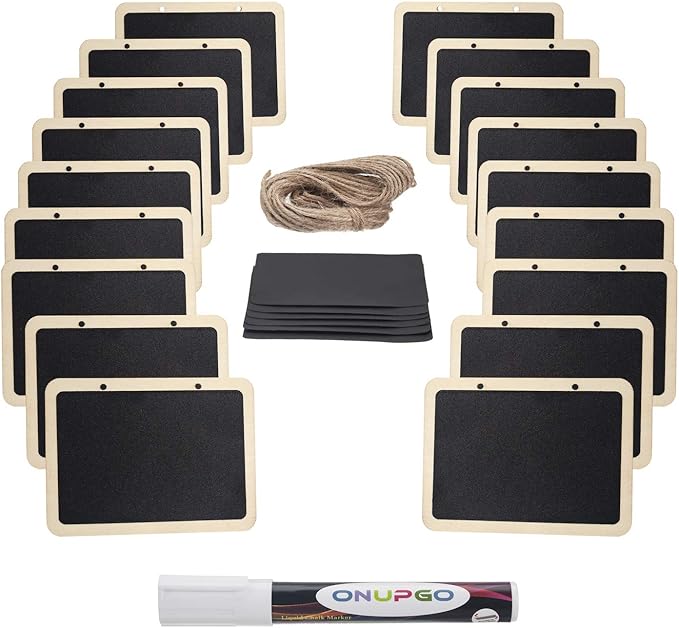 ONUPGO 16 Pack Chalkboard Tags for Baskets with String, Mini Erasable Chalkboards with Hanging String, Wooden Mini Chalkboard Signs, Hanging Chalkboard Labels, Price Tags, Message Tags