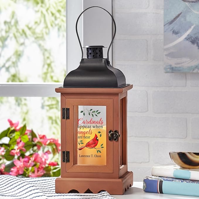 Decorative Candle Lantern, Wood Memorial with LED, 12 Inch Cardinal