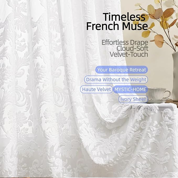 Curtains Sheer White Curtain Panels Boho Farmhouse Drapes with Vintage Floral Pattern 45" Short Length Rod Pocket for Bedroom Living Room Windows French Elegance 3D Relief, Set of 2 (52" Wide Each)