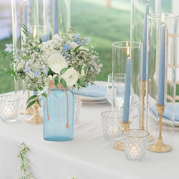 Vintage Glass Flower Vase，6 Pack Blue Farmhouse Glass Centerpiece Vases Mason Jars for Weddings, Parties & Home Decor Bulk (6, Blue)