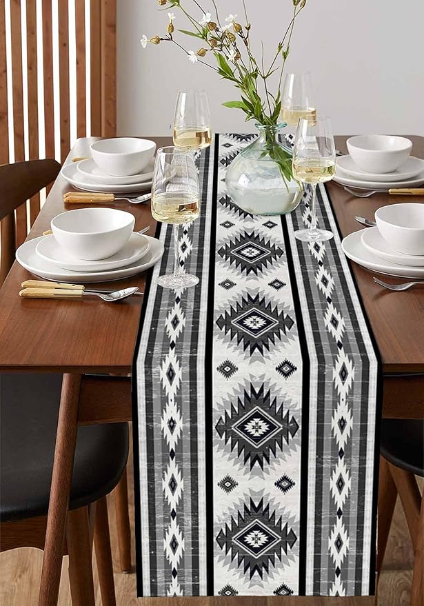 Aztec Southwest Cotton Linen Table Runner for Dining Kitchen, Wedding Outdoor Party Tablerunners Decoration, Boho Ethnic Tribes Vintage Grey Dresser Scarf Coffee Tablecloth Runners 13x108 Inches