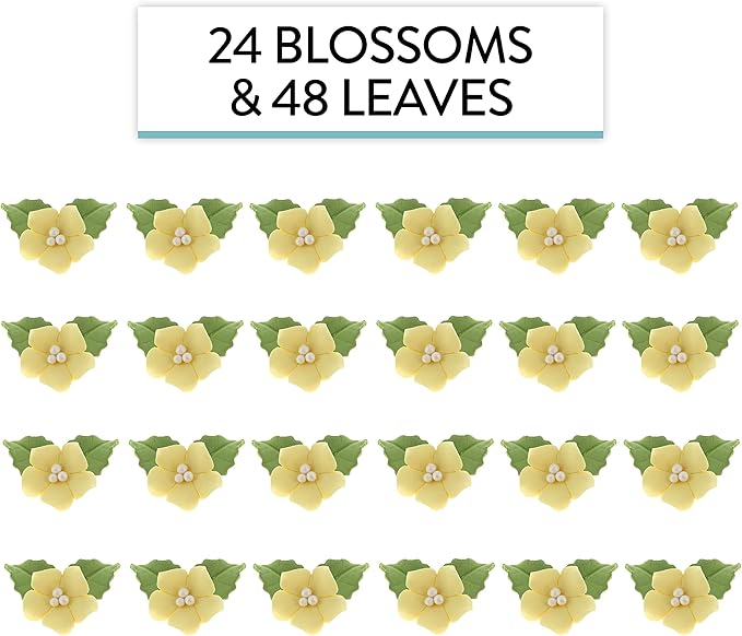 Edible Cake Toppers: Small Yellow Gumpaste Flowers and Leaves, 24 Count