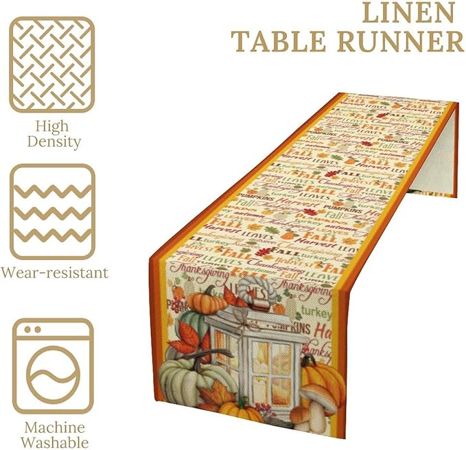 Autumn Table Runner,Farmhouse Leaves Pumpkin Thanksgiving Table Cloth for Kitchen Dining Table Decoration Home Party Decor 13x36 Inch