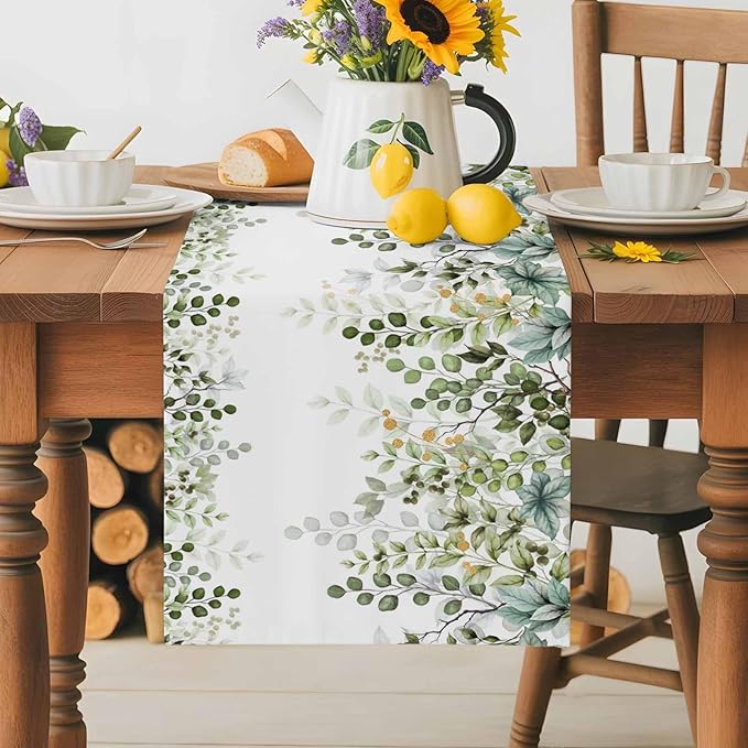 Sage Green Eucalyptus Cotton Linen Table Runner for Dining Kitchen,Farmhouse Leaves Botanical Floral Wedding Outdoor Party Tablerunners Decoration Dresser Scarf Coffee Tablecloth Runners 13x108 Inches