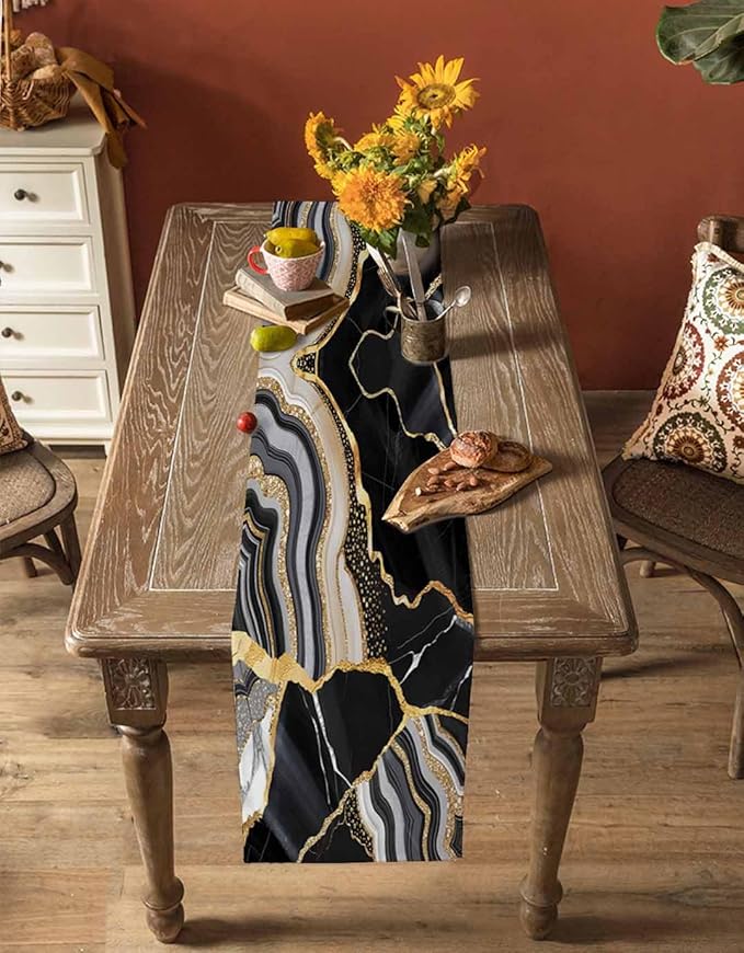 Geometric Black Marble Cotton Linen Table Runner for Dining Kitchen, Wedding Outdoor Party Tablerunners Decoration, Farm Marble Liquid Ripple Abstract Dresser Scarf Coffee Tablecloth Runners 13''x48''