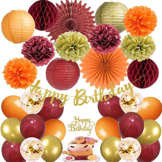 Tissue Pom Poms for Fall Birthday Party, Burgundy Orange and Gold Decor Set