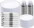 BESTVIP 350PCS Silver Plastic Dinnerware Set, Disposable Party Plates for 50 Guests, Include: 100 Plastic Plates, 50 Pre Rolled Napkins with Silver Silverware, 50 Cups