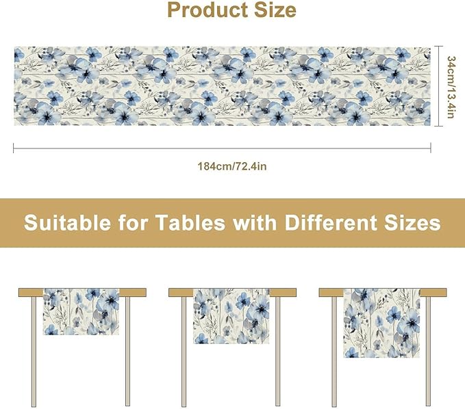 Watercolor Floral Table Runner, Blue Poppy Flower Seasonal Spring Summer Table Runner for Kitchen Dinning Table Runner Decor Home Wedding Party Holiday, 13x90 Inch