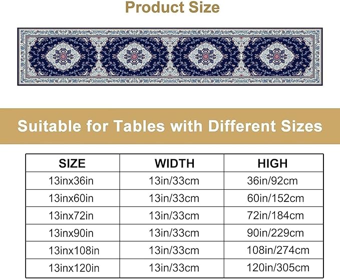 Elegant Palace Boho Blue Table Runner Vintage French Style Farmhouse Geometric Home Farmhouse Kitchen Table Dining Coffee Room Garden Party Wedding Decor 13x72in