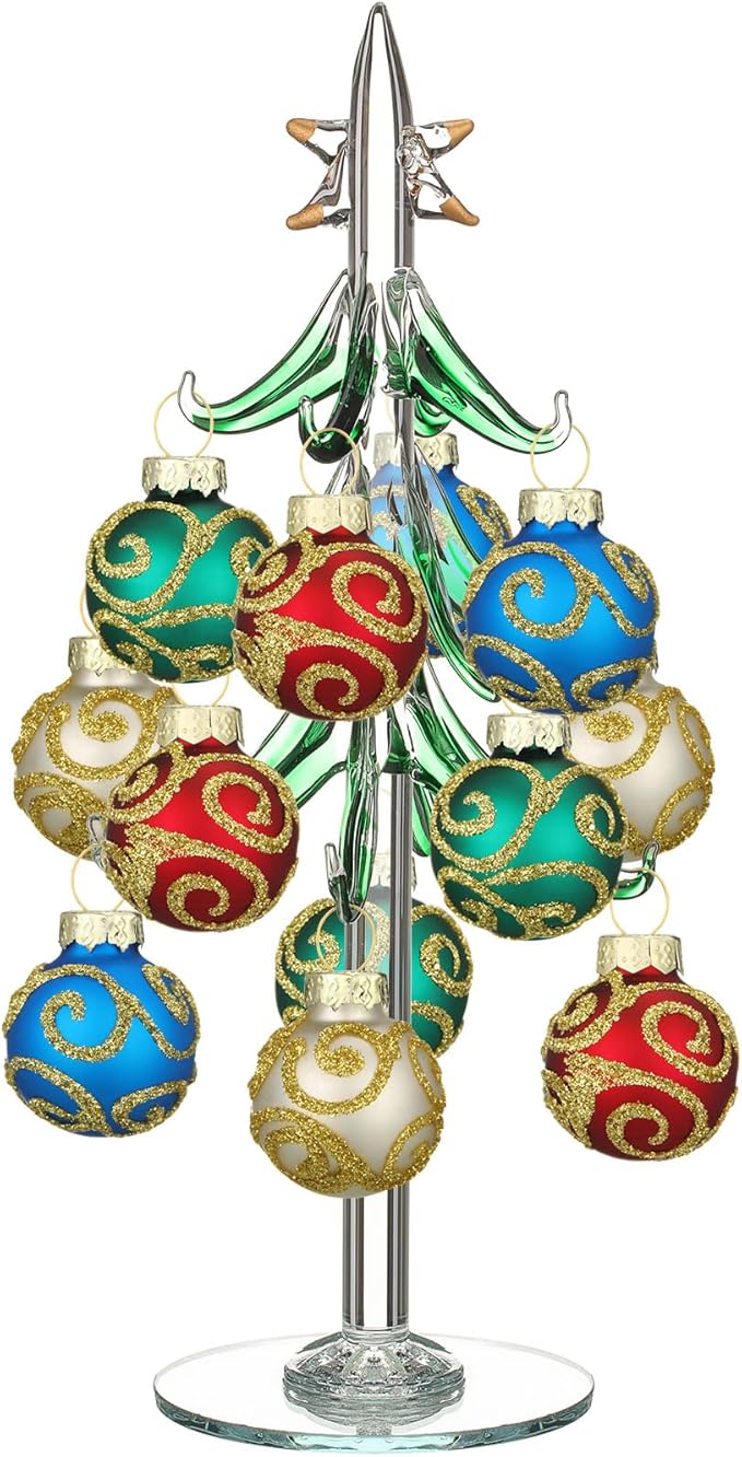 Glass Christmas Tree with 12 Ornament Glitter Balls Tabletop Wine Glass Charms Miniature Christmas Tree Gift for Xmas Holiday Party Novelty Season Home Decor, 7.7 Inch