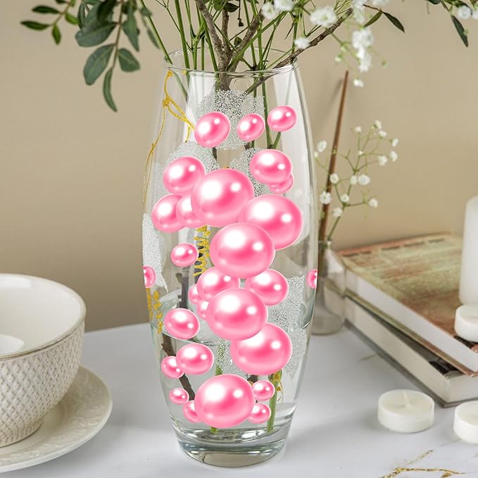 Vase Fillers: 100 Fuchsia Plastic Pearl Beads in 3 Sizes, No Hole