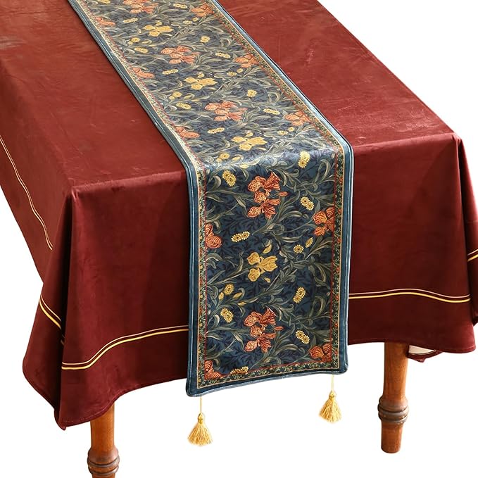 patdrea Designer Casual Wild Floral Velvet Table Runner 118 Inch Long, Dark Blue Occult Bouquets Pattern Table Mat, Decoration for Kitchen Dining Coffee Table Cabinet Banquet Thanksgiving,12"*118"