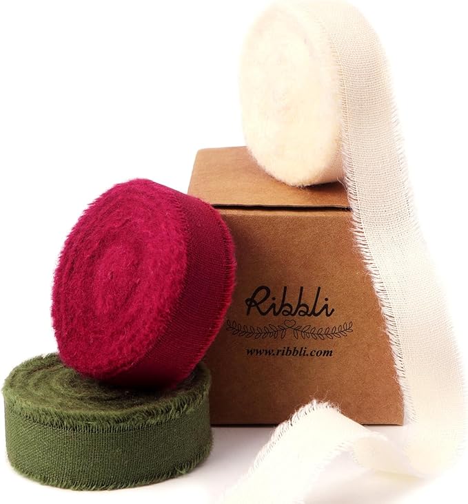 Ribbli 3 Rolls Christmas Ribbon 5/8 Inch x 18 Yards Ivory Burgundy Moss Handmade Cotton Frayed Fringe Ribbons for Gift Wrapping Wedding Invites Bridal Bouquets DIY Crafts Christmas Home Decor