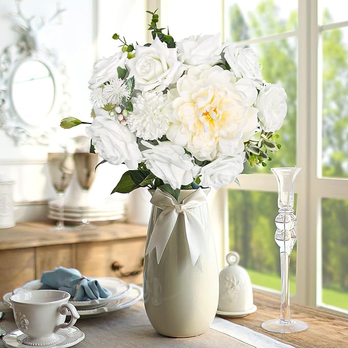 AmyHomie White Artificial Flowers Combo Silk Mix Peony Rose Hydrangea Daisy Fake Flowers w/Stem for DIY Wedding Bouquets Centerpieces Arrangements Table Decor Party Bridal Baby Shower Home Decor