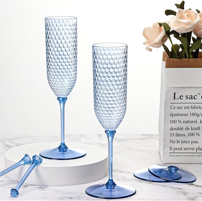 Champagne Glasses, Dusty Blue Detachable Plastic 5.5 oz Flutes