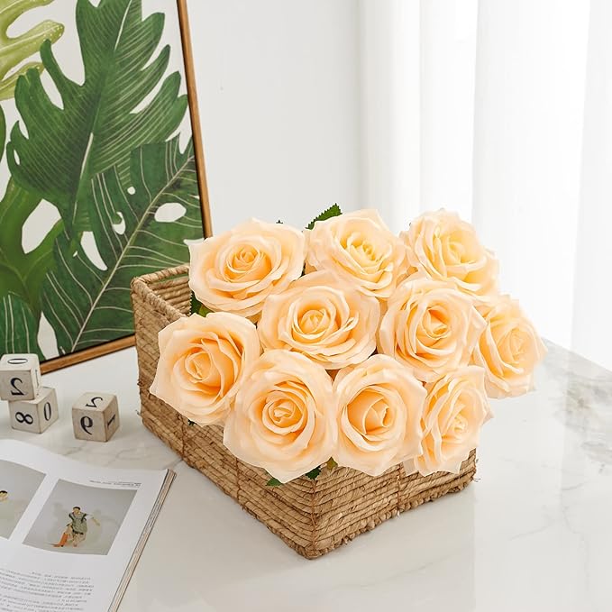 Artificial Rose 10pcs Open Flower Bouquet Faux Rose Stems for Wedding Arrangement, Bridal Bouquet, Centerpiece, Fake Faux Silk Flowers (Champagne)