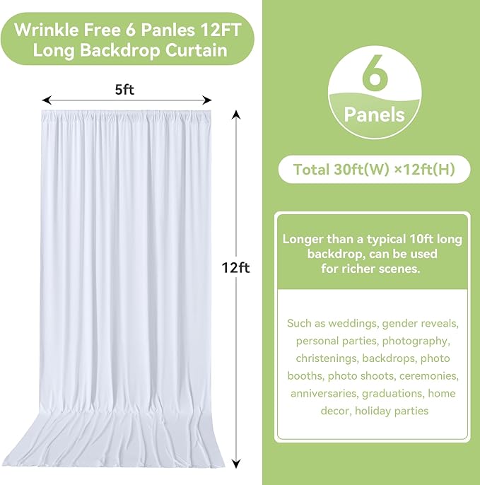 30ftx12ft Wrinkle Free White Backdrop Curtain, 6 Panels 12FT Height White Wedding Backdrop Drapes, Silky Polyester Back Drop Cloth for Birthday Photography Background Party Backdrop Draping