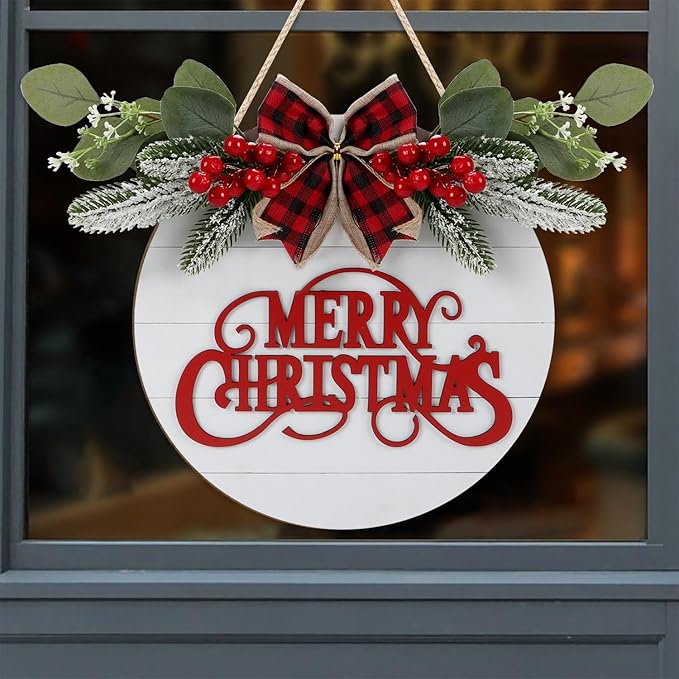CHDITB Cute Merry Christmas Wooden Front Door Wreath(11.4”x11.4”), Farmhouse 3D Christmas Decor Hanging Sign with Red Plaid Bow Berries Mistletoe, Housewarming Gift for Xmas Winter Holiday New Year