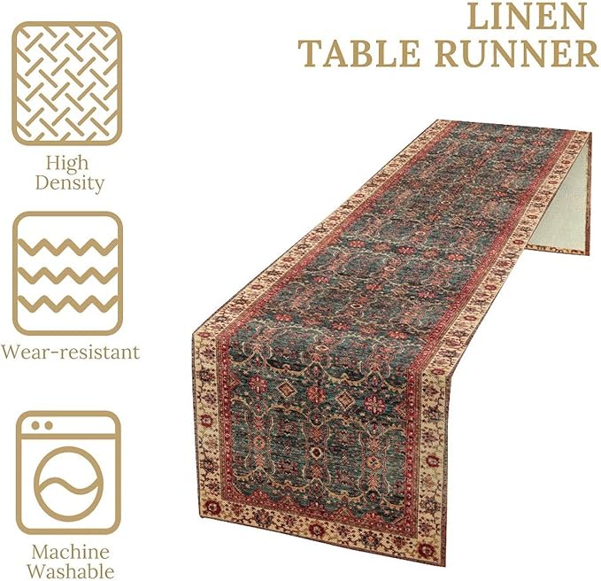Vintage Boho Floral Table Runner, Rustic Country Farmhouse Red Teal Retro Flower Pattern for Home Kitchen Table Decor Dining Coffee Room Party Decor 13x60in