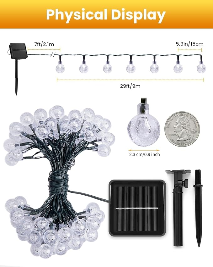 String Lights Solar Powered 36 FT with 60 LEDs, 8 Modes, Warm White