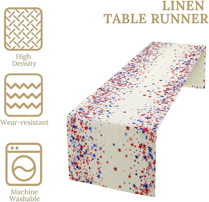 Independence Day Table Runner, 4th of July Red Blue Stars American President Day Holiday Confetti Print Table Cover for Kitchen Dining Table Indoor Outdoor Party, 13x108inch