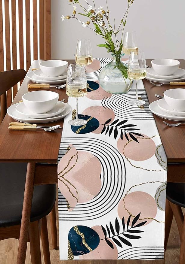 Modern Boho Cotton Linen Table Runner for Dining Kitchen, Wedding Outdoor Party Tablerunners Decoration, Abstract Bohemian Tropical Palm Leaf Dresser Scarf Coffee Tablecloth Runners 13x72 Inches
