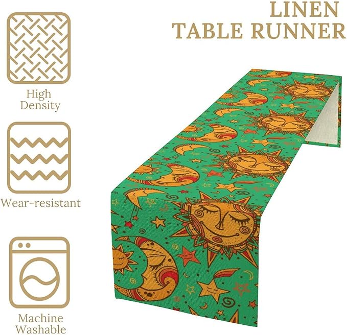 Boho Moon Table Runner, Phase of The Moon Star Sun Cartoon Pattern Table Runner for Kitchen Living Room Home Party 13x70 Inch