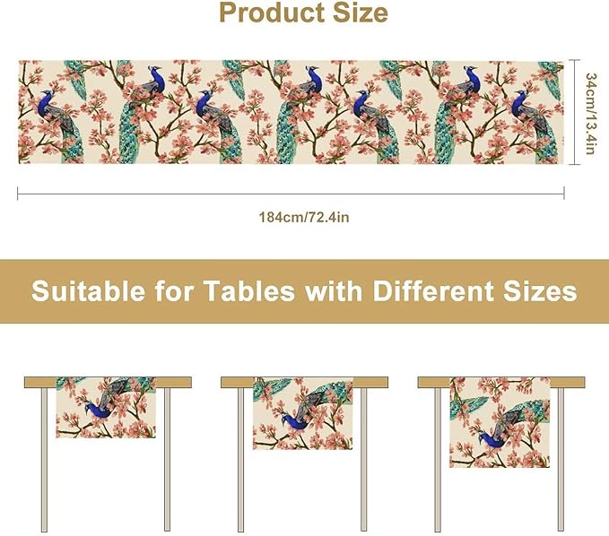Peacock Table Runner,Spring Floral Peacock Birds Table Runner for Home Kitchen Dining Party Indoor Outdoor Decoration 13x60 Inch