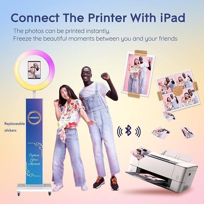 HARZHI Portable Photo Booth Compatible with Ipad, Large Lightbox Ipad Photo Booth for Christmas Wedding Party Provide ChackTok Software APP VIP, Free Custome Logo, Flight Case White