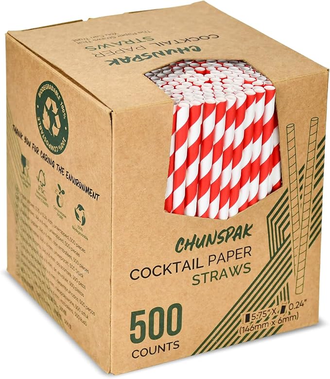 Paper Cocktail Straws, Red and White Striped, 5.75 Inch, 500 Count