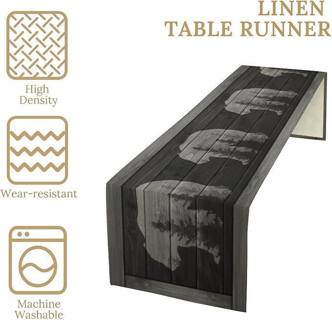 Rustic Country Bear Table Runner, Black Wood Wooden Cabin Wild Animals Hunting Table Cloth for Home Kitchen Dining Table Runner 13x90 Inch