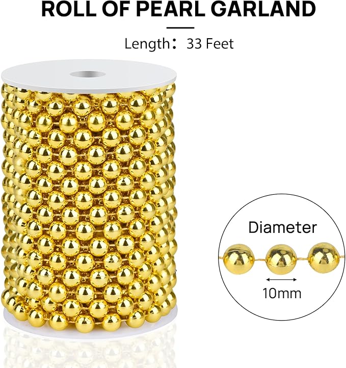 Craft String Pearls 10MM Pearl Bead, 33Feet Gold Faux Pearl Garland Spool Roll Strand Wedding Party Decoration, Christmas Tree Decorations