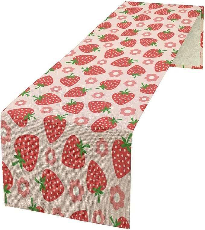 Strawberry Table Runner Spring Summer Fruit Pink Berry Forest Garden Dinner Runner for Girl Baby Shower Party Holiday Home Kitchen Dining Table Decor 13x36