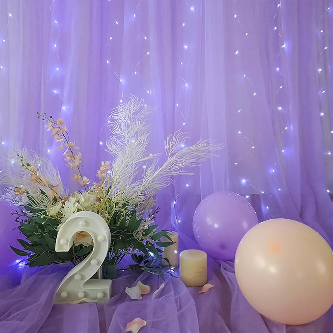 Lavender Tulle Backdrop Curtain with Lights String for Wedding Baby Shower 20×8ft Lavender Sheer Backdrop Curtain for Bridal Shower Birthday Party Photoshoot Background Decorations(4 Panels 5×8ft)