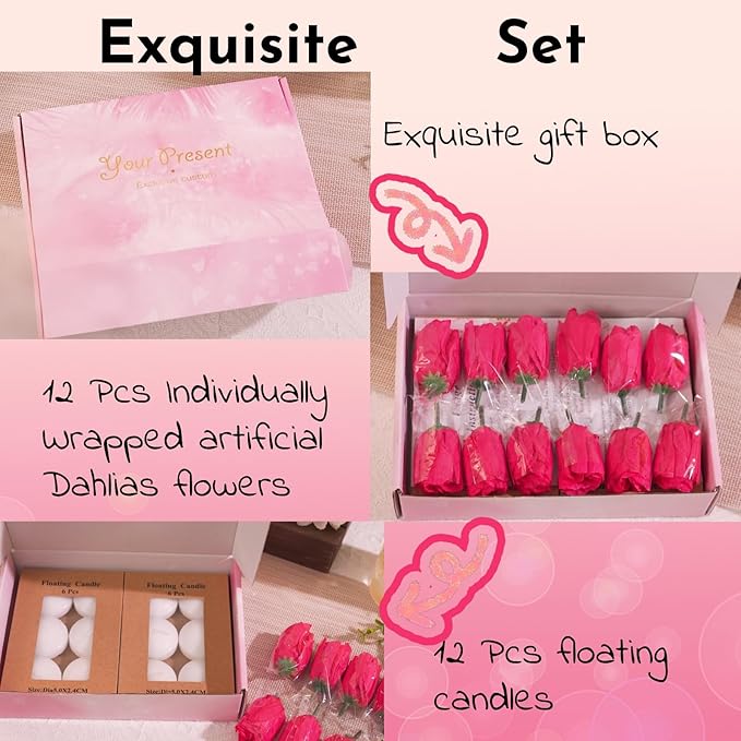 Vase Fillers Set with 12 Rose Red Floating Flowers and 12 White Candles
