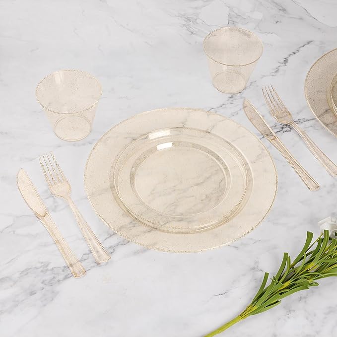 Goodluck 700 Piece Gold Glitter Plastic Dinnerware Set for 100 Guests, Disposable Plates for Party, Include: 100 Dinner Plates, 100 Dessert Plates, 100 Pre Rolled Napkins with Silverware, 100 Cups