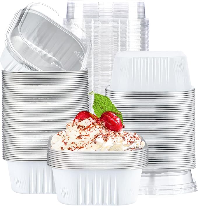 Baking Cups, 10 oz Aluminum Ramekins with Clear Lids, 100 Count