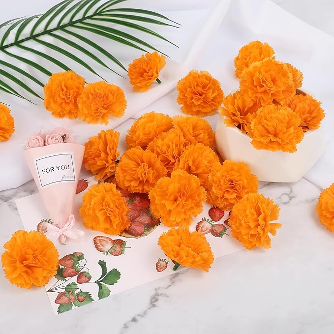 50 Pcs Artificial Marigold Flowers,2" Silk Marigold Flower Heads with Stems,Orange Flowers Artificial for Diwali Decor,Indian Wedding,Home,DIY Wreath Garland,Day of The Dead Decorations