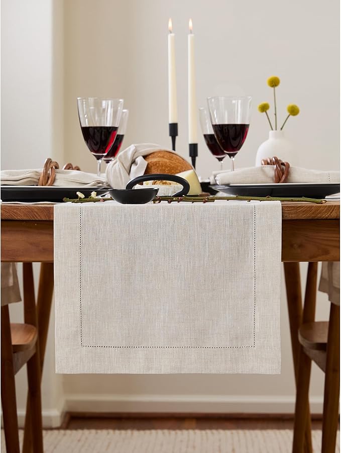 Solino Home Linen Light Natural Table Runner 48 Inches - Classic Hemstitch, 100% Pure Linen Coffee Table Runner 14 x 48 Inch Ideal for Dresser Tables - Fall, Autumn, Halloween, Thanksgiving, Christmas