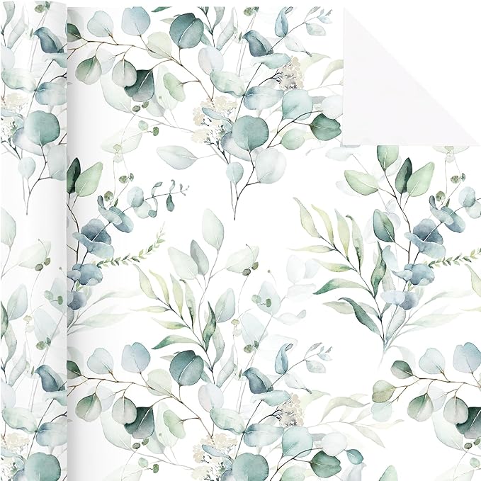 WRAPAHOLIC Eucalyptus Leaves Wrapping Paper Roll - Mini Roll - 17 Inch x 33 Feet - Eucalyptus Greenery Wrapping Paper Perfect for Birthday, Wedding, Bridal Shower