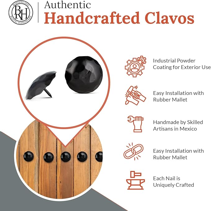 50 Pack 2" Round Head Iron Clavos Decorative Nails – Black – Handmade Rustic Round Fasteners for Farmhouse Shutters, Faux Wood Beams, Barn Doors, Shutters, Gates – Ornamental Wood Accent