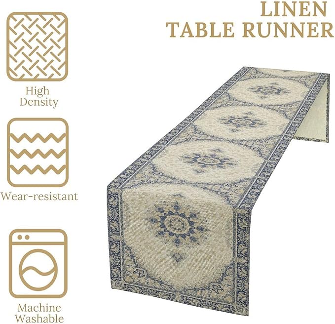Boho Bohemia Style Table Runner, Vintage Blue Gold Retro Flower Rustic Country Style Floral Print Pattern for Home Kitchen Table Decor Dining Coffee Room Garden Party Decor 13x90in