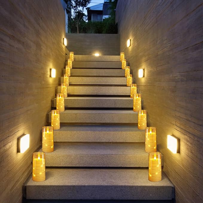 NURADA Flickering Flameless Candles: Built-in Star String Lights Acrylic Battery Operated LED Pillar Candles with Remote and Timer for Romantic Mood Home Decoration - 3 Pack Gold
