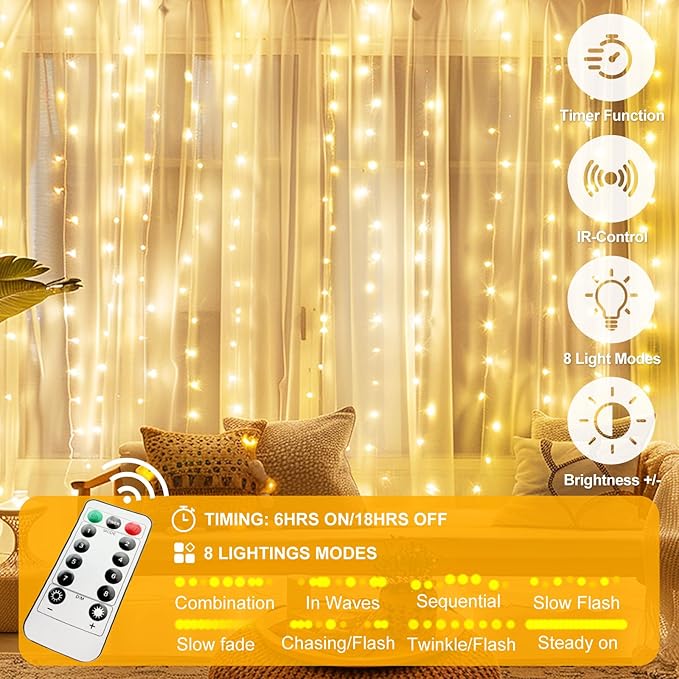 Fairy Curtain Lights Upgraded Tangle-Free Warm White USB Plug in 8 Modes String Hanging Lights with Remote for Christmas, Bedroom, Indoor, Outdoor, Weddings, Party (6.6FTx10FT)